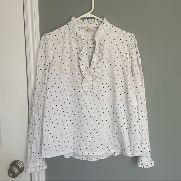 Boden Polka Dot Ruffle Front White Black Long Sleeve Jersey Top - Picture 2 of 12